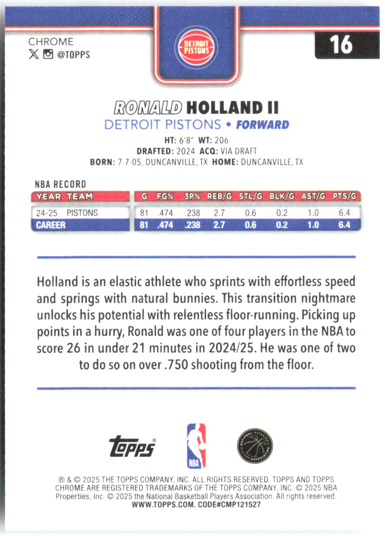 Ron Holland II Topps Chrome - Red White and Blue Refractor 16 2025-26 Pistons