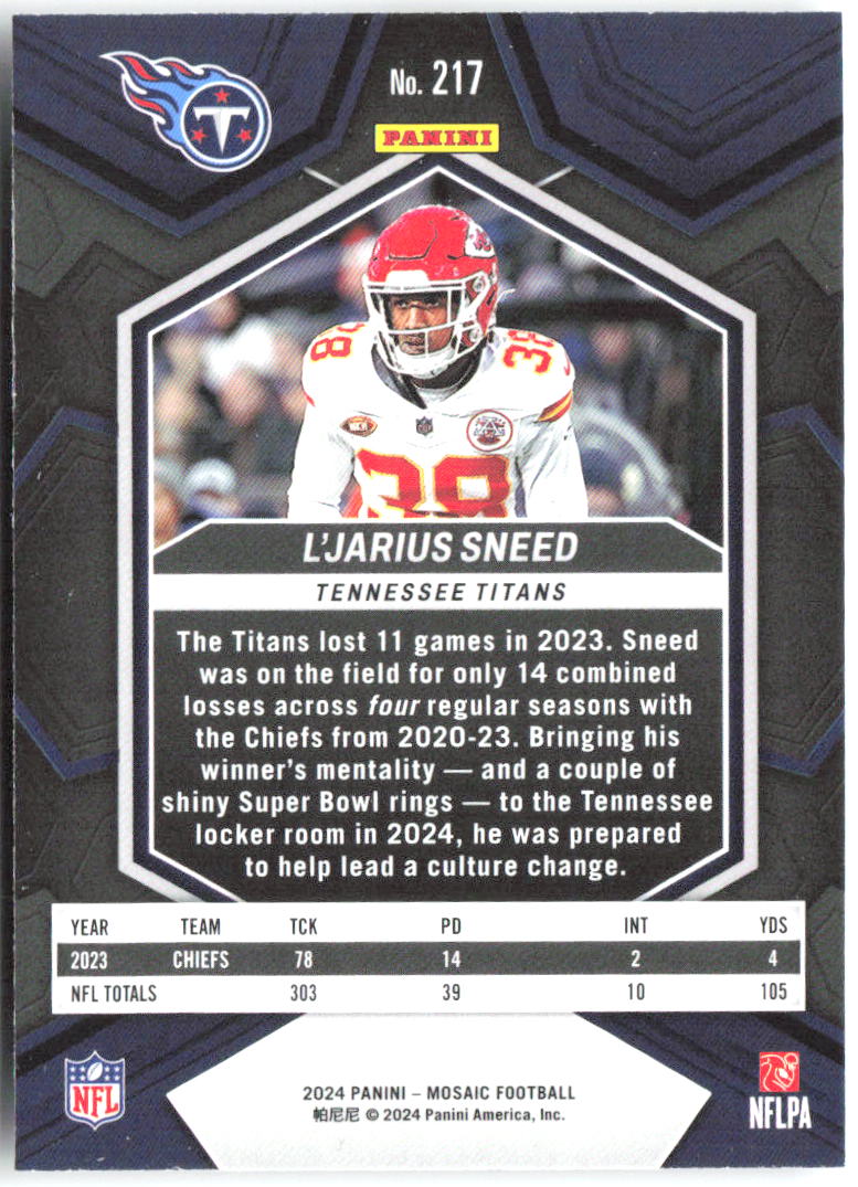 L'Jarius Sneed Panini Mosaic 217 2024 Tennessee Titans