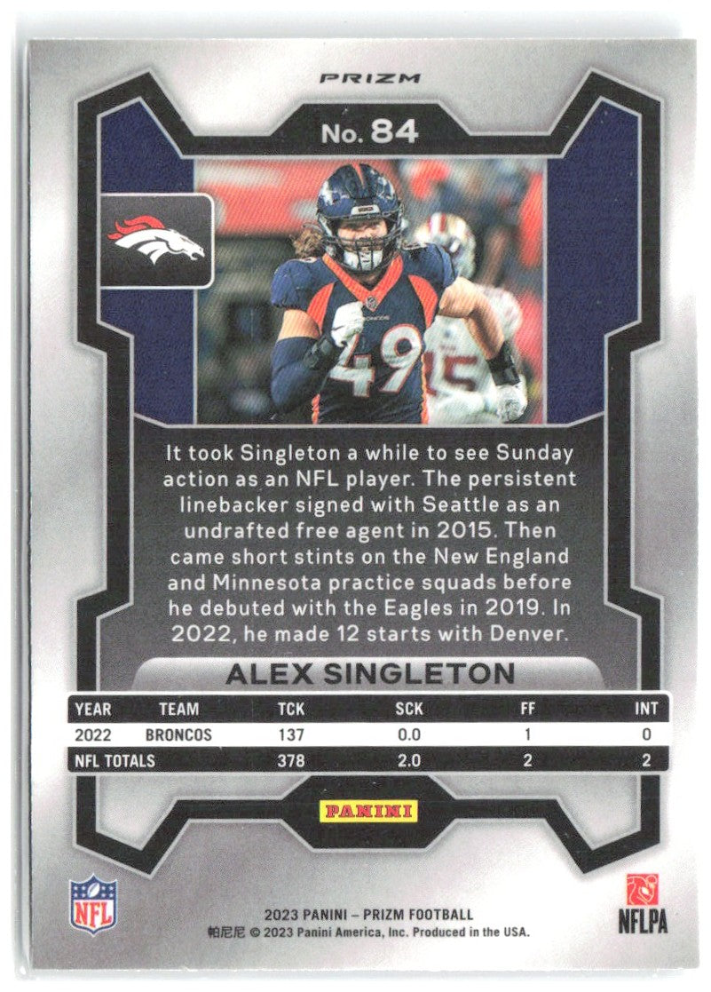 Alex Singleton Panini Prizm - Silver 84 2023 Denver Broncos