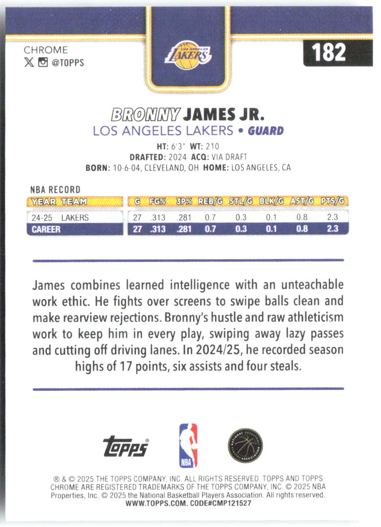 Bronny James Jr. Topps Chrome 182 2025-26 Los Angeles Lakers