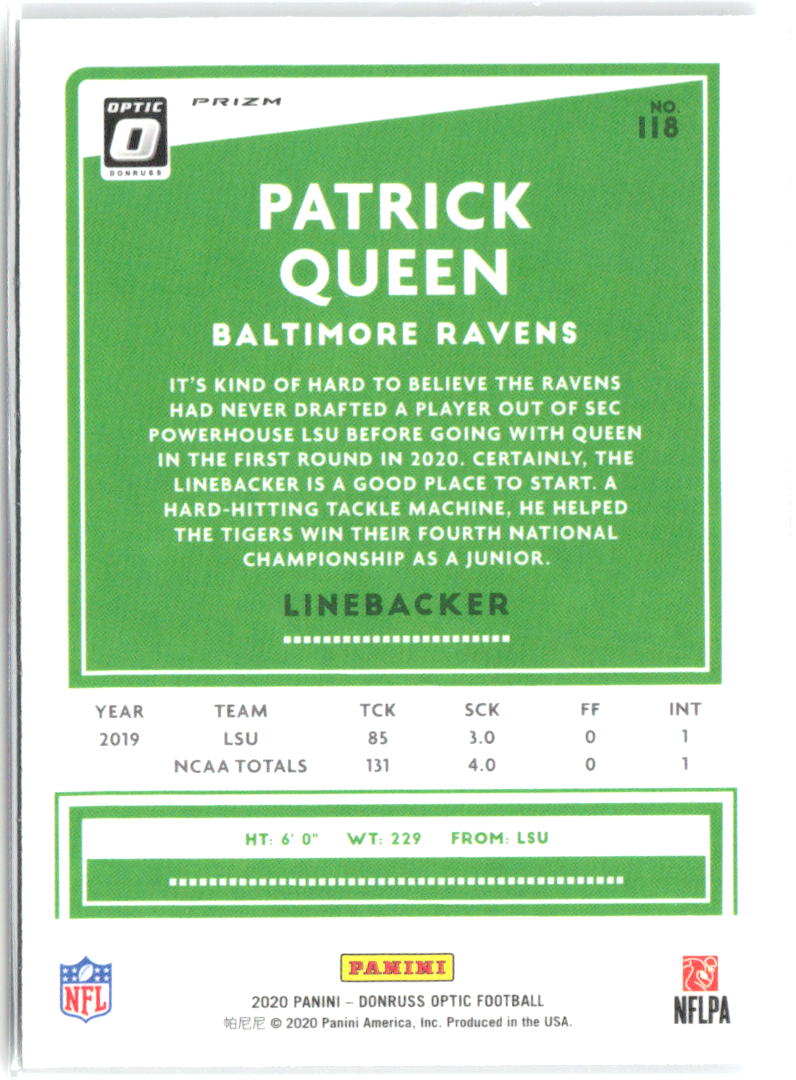 Patrick Queen Donruss Optic - Holo 118 2020 Baltimore Ravens