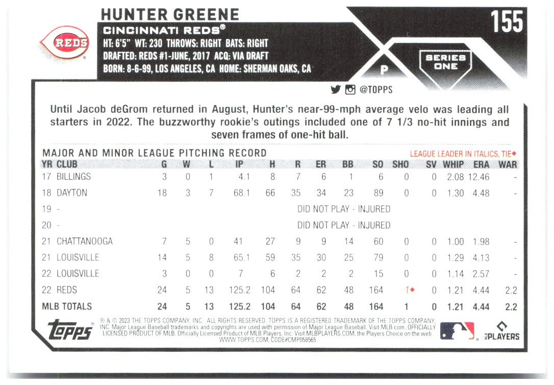 Hunter Greene Topps 155 2023 Cincinnati Reds
