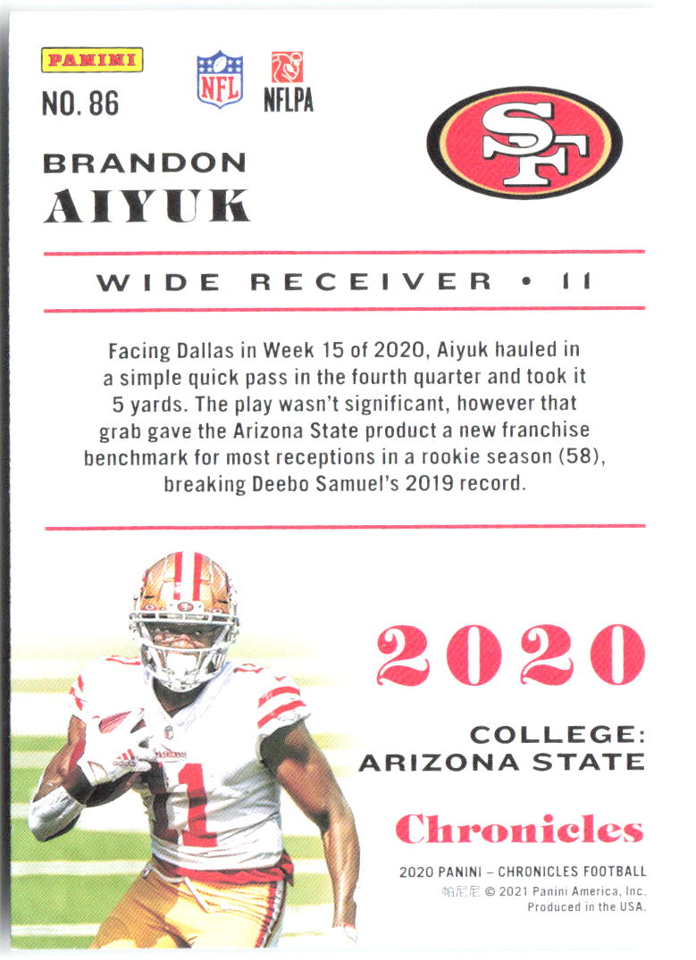 Brandon Aiyuk Panini Chronicles 86 2020 San Francisco 49ers RC