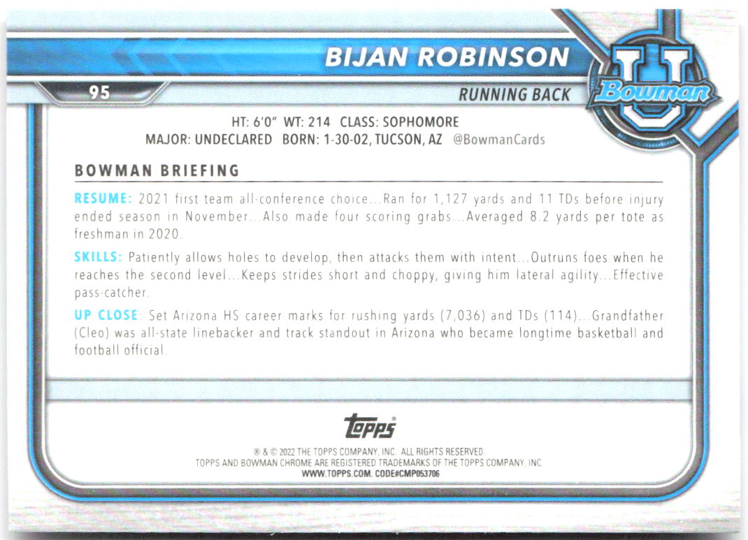 Bijan Robinson Bowman University - Chrome Pink Refractors 95 2021-22 Longhorns