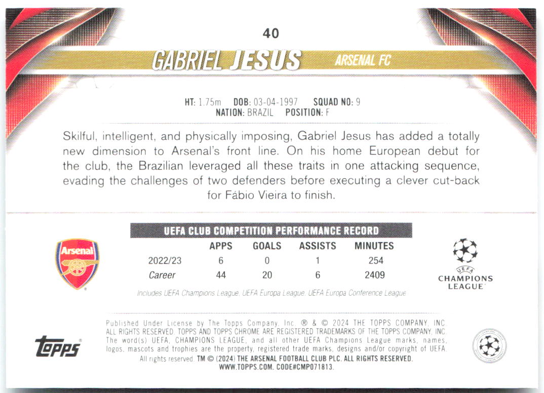 Gabriel Jesus Topps Chrome UEFA Competitions - Aqua Prism Refractor 40 2023-24