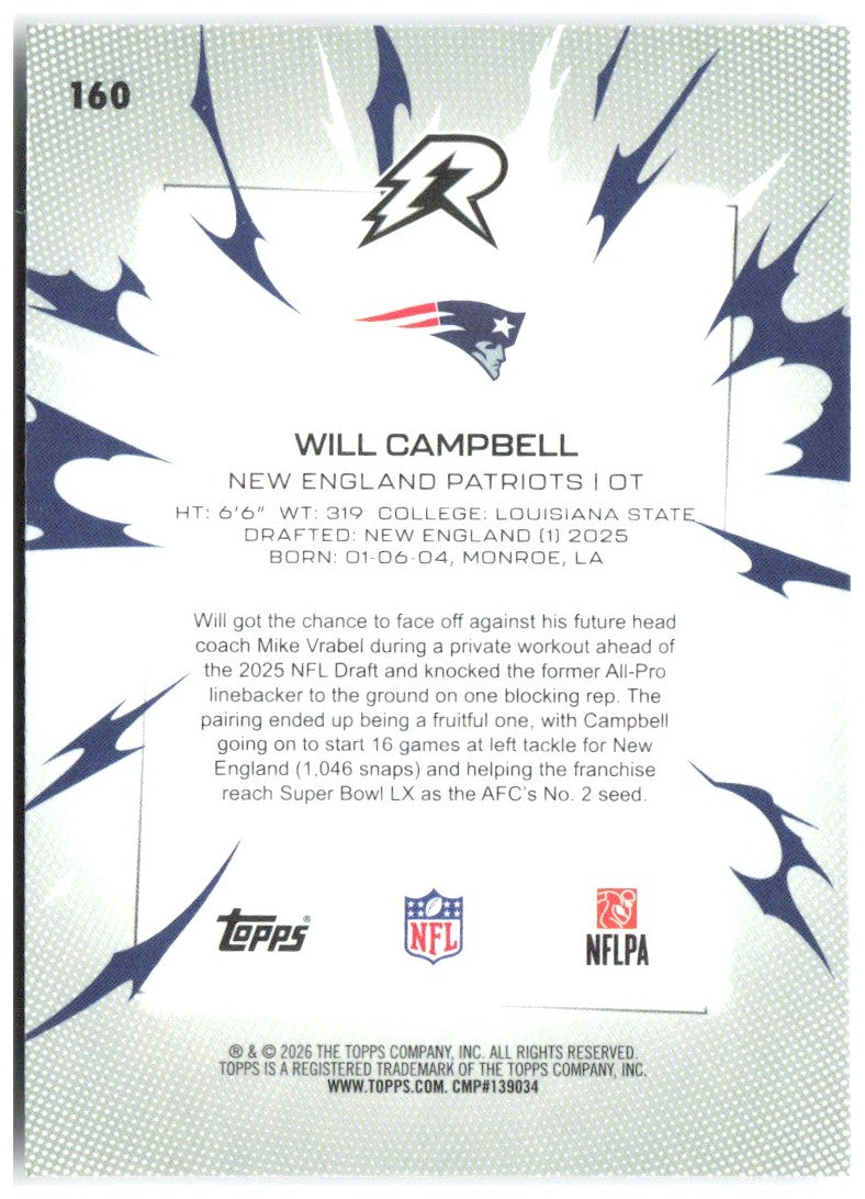 Will Campbell Topps Resurgence 160 2025 New England Patriots RC