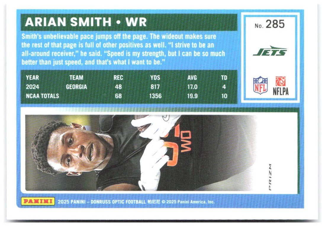 Arian Smith Donruss Optic - Purple Shock 285 2025 New York Jets