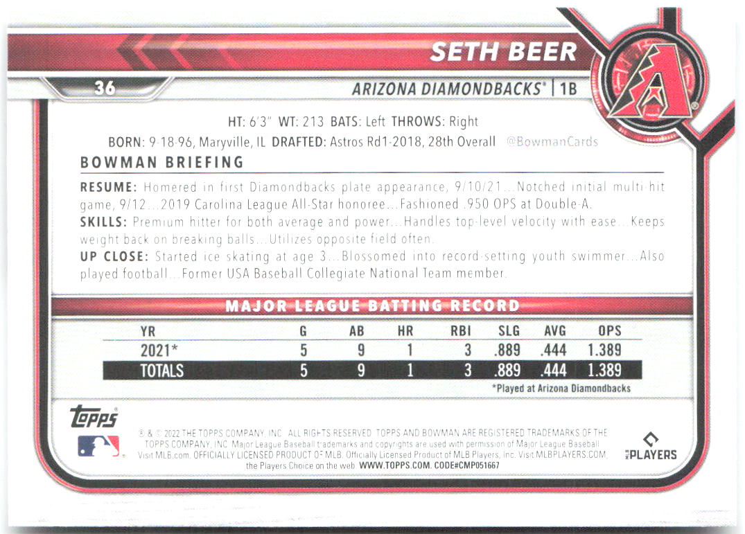Seth Beer Bowman 36 2022 Arizona Diamondbacks RC