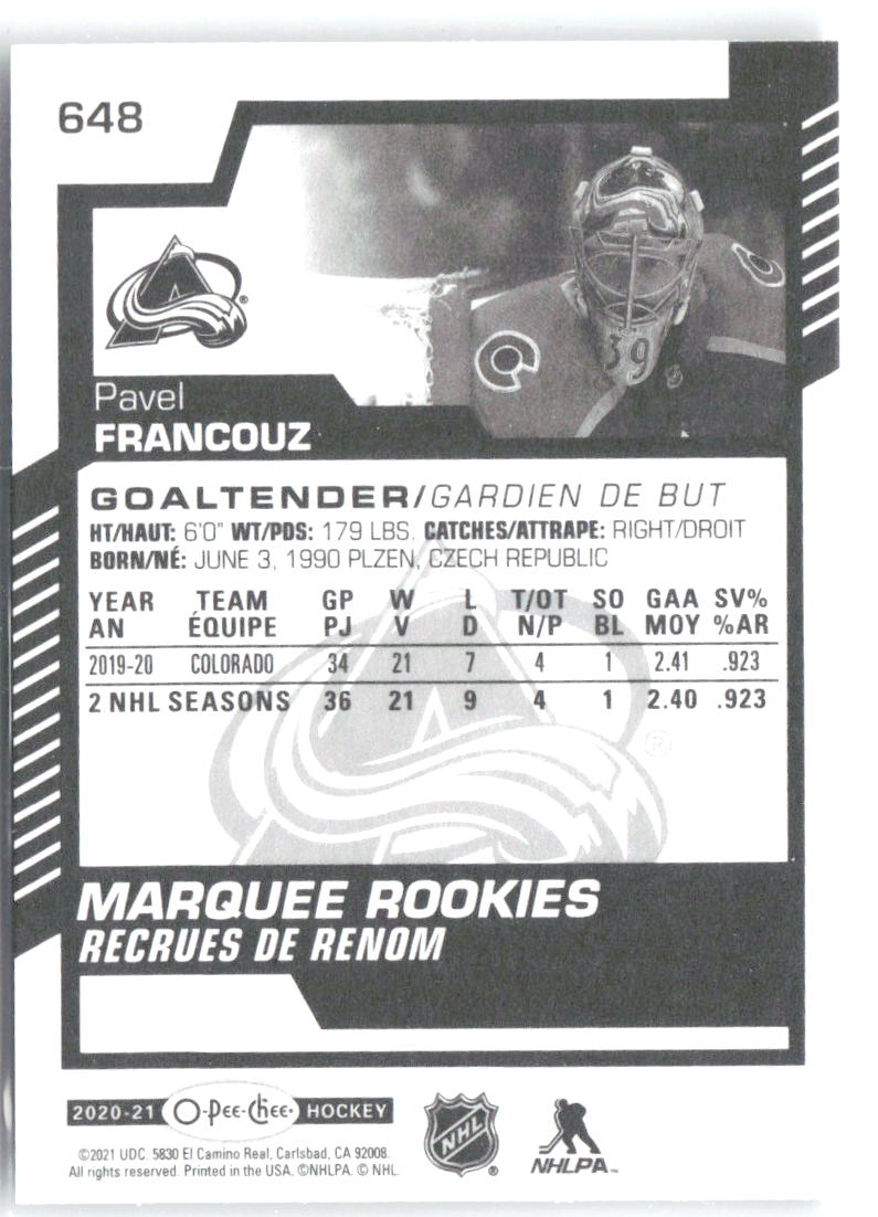 Pavel Francouz Upper Deck - 2020-21 O-Pee-Chee Update 648 2020-21 Colorado Avalanche RC