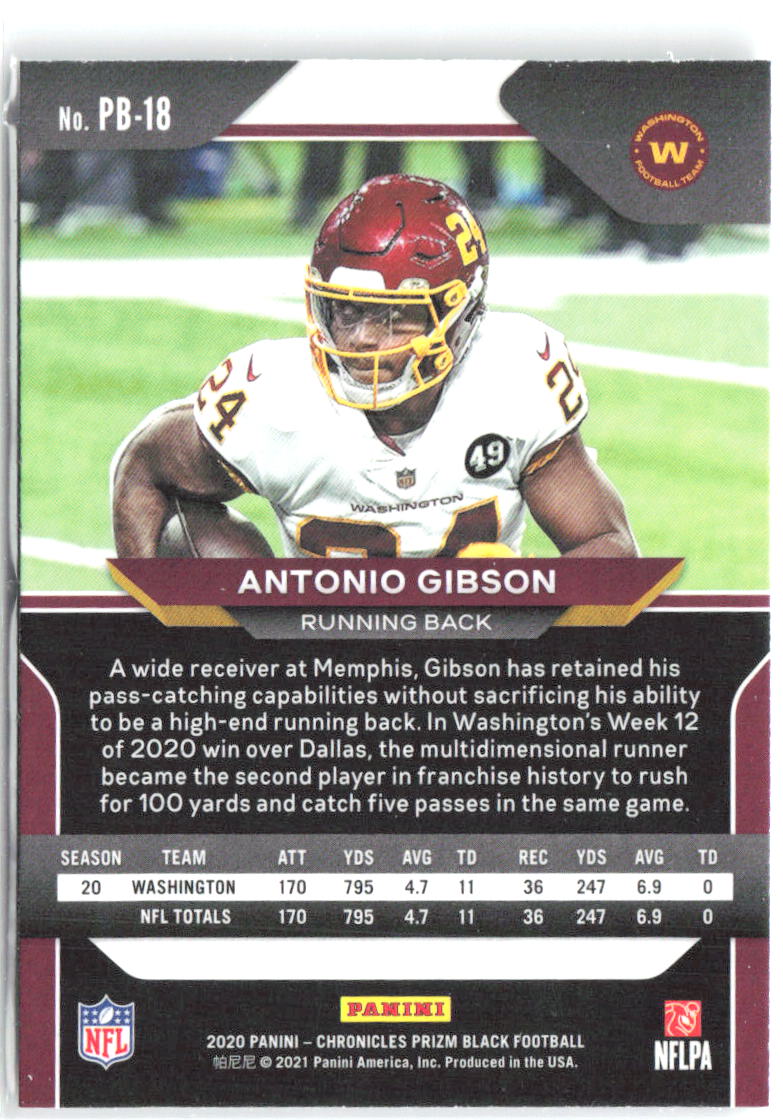 Antonio Gibson Panini Chronicles Prizm Black PB-18 2020 Washington Football Team