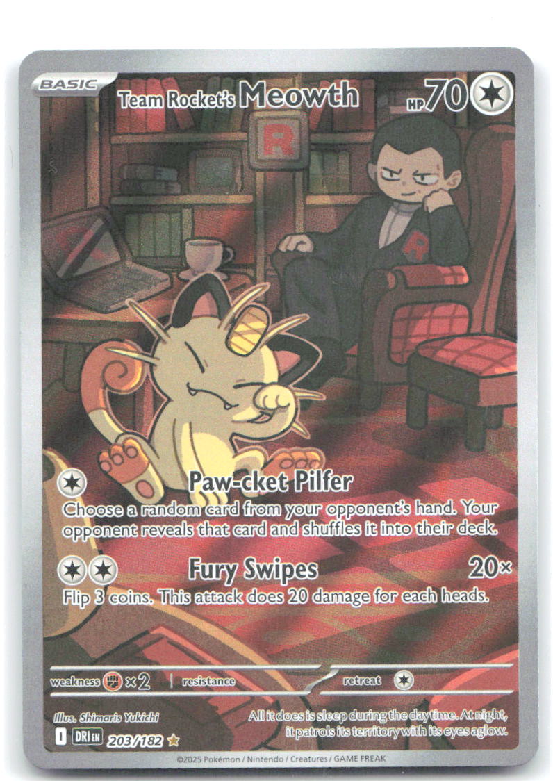 Team Rocket's Meowth Illustration Rare Destined Rivals 203/182 Shimaris Yukichi