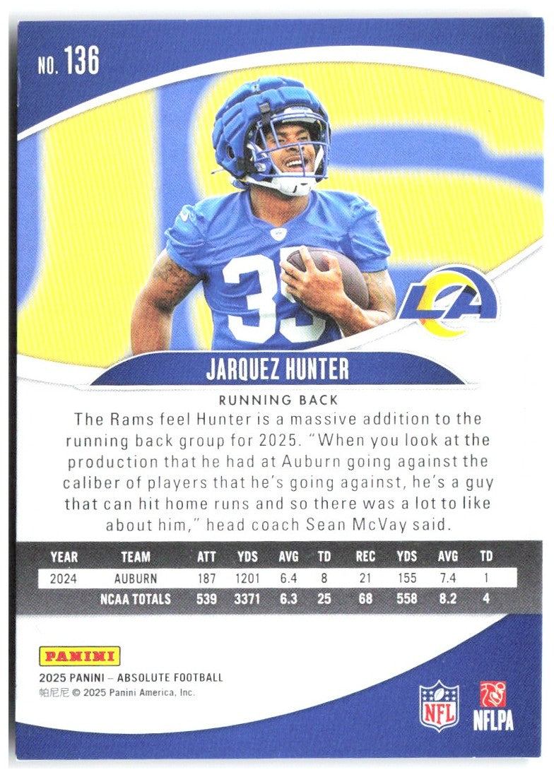 Jarquez Hunter Panini Absolute - Red, White and Blue Kaleidoscope 136 2025 Rams