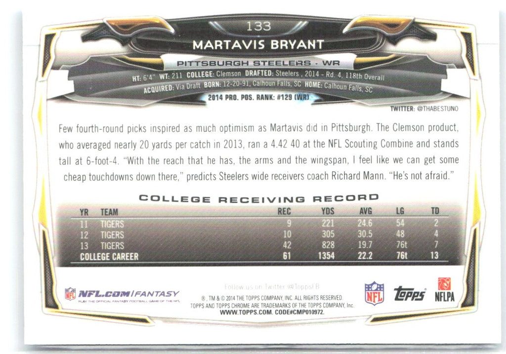 Martavis Bryant Topps Chrome - Blue Wave Refractor 133 2014 Pittsburgh Steelers
