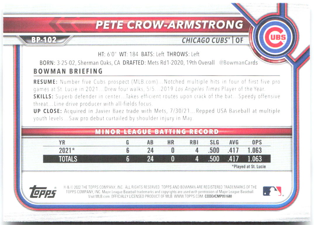 Pete Crow-Armstrong Bowman - Prospects BP-102 2022 Chicago Cubs