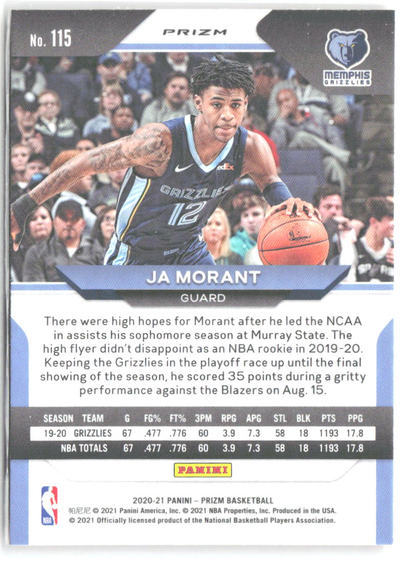 Ja Morant Panini Prizm - Orange Ice Prizms 115 2020-21 Memphis Grizzlies