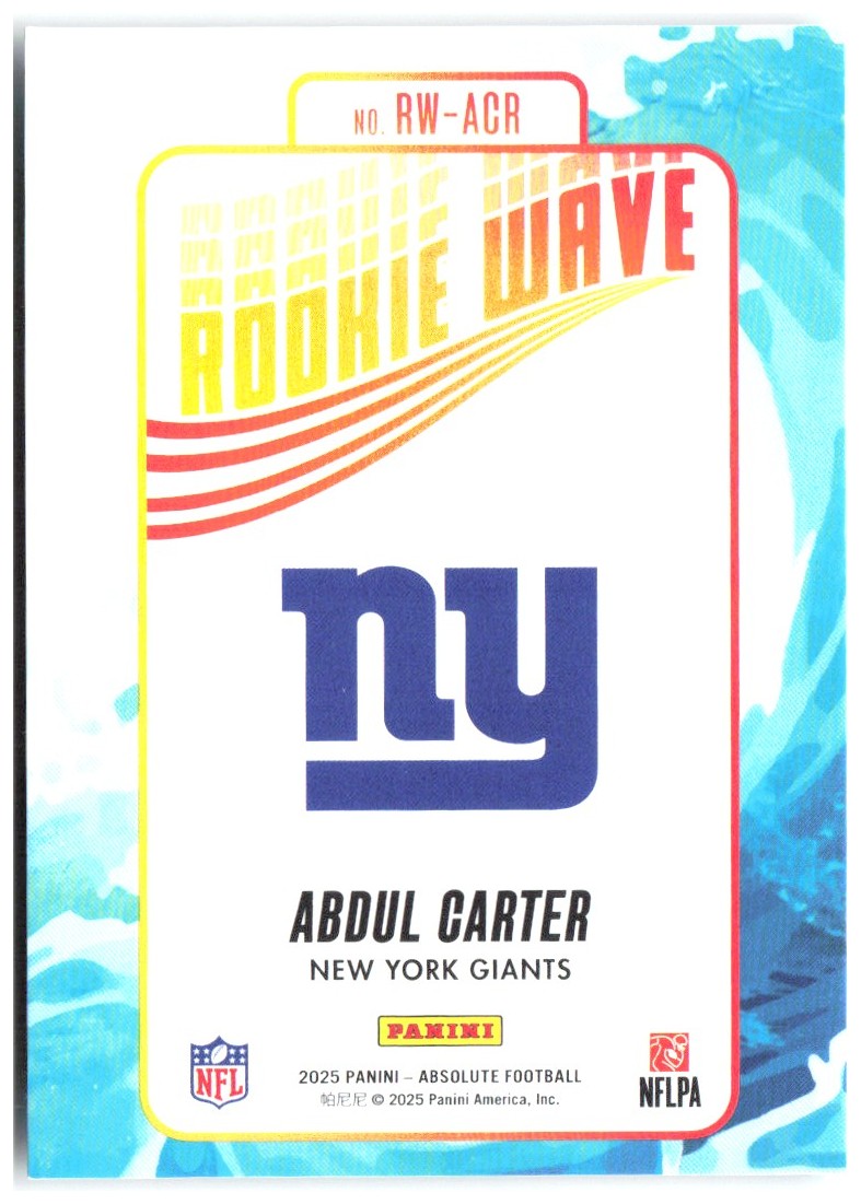 Abdul Carter Panini Absolute - Rookie Wave RW-ACR 2025 New York Giants