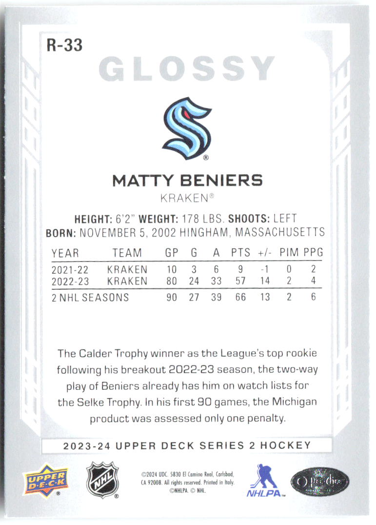 Matty Beniers Upper Deck - O-Pee-Chee Glossy R-33 2023-24 Seattle Kraken