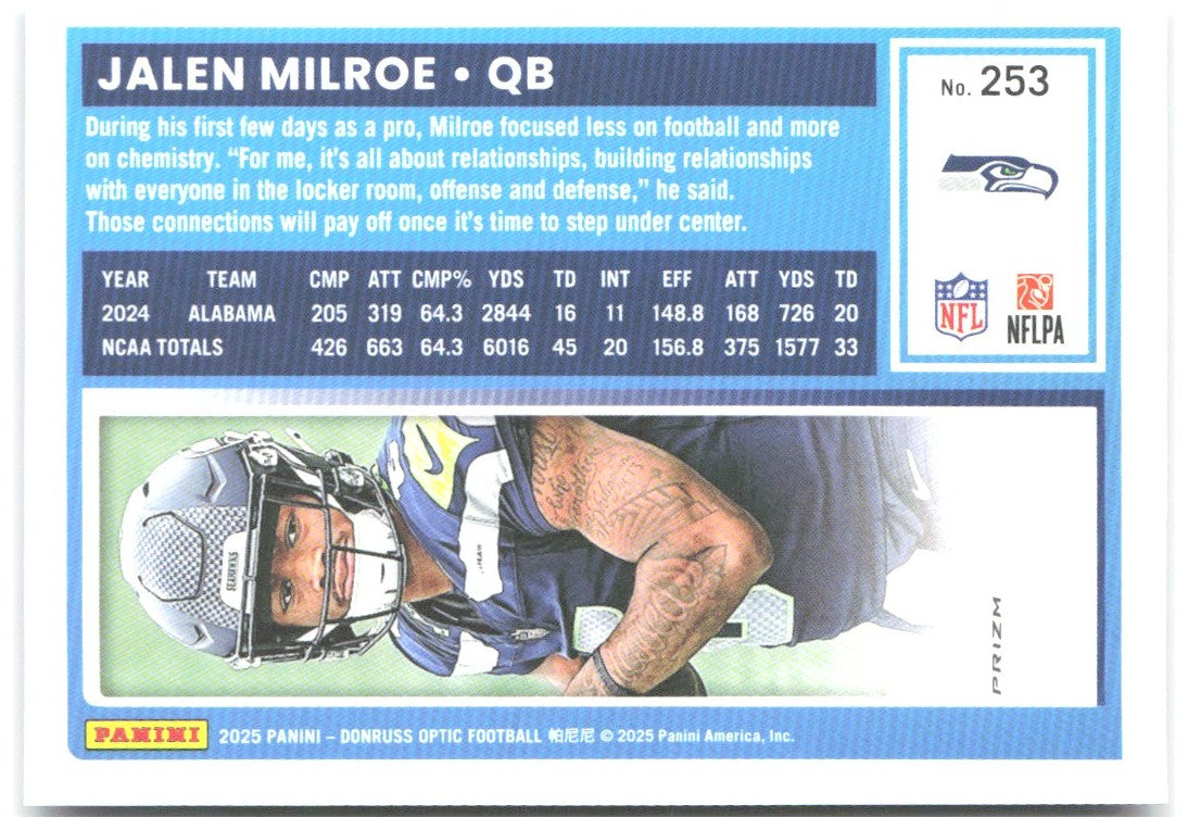 Jalen Milroe Donruss Optic - Purple Shock 253 2025 Seattle Seahawks