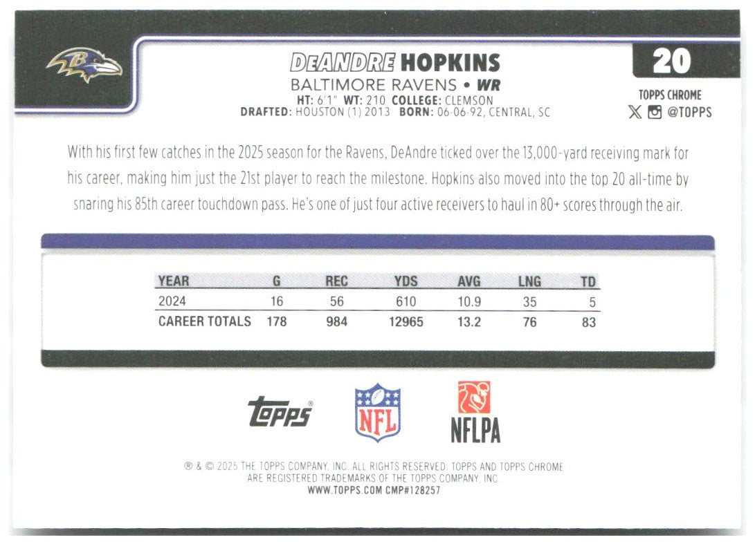DeAndre Hopkins Topps Chrome - Ray Wave Refractor 20 2025 Baltimore Ravens