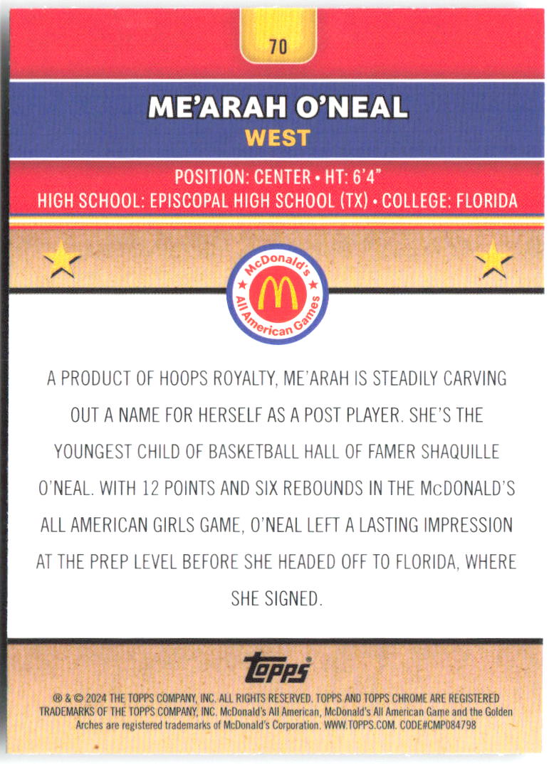 Me’Arah O’Neal Topps Chrome McDonald's All-American 70 2024