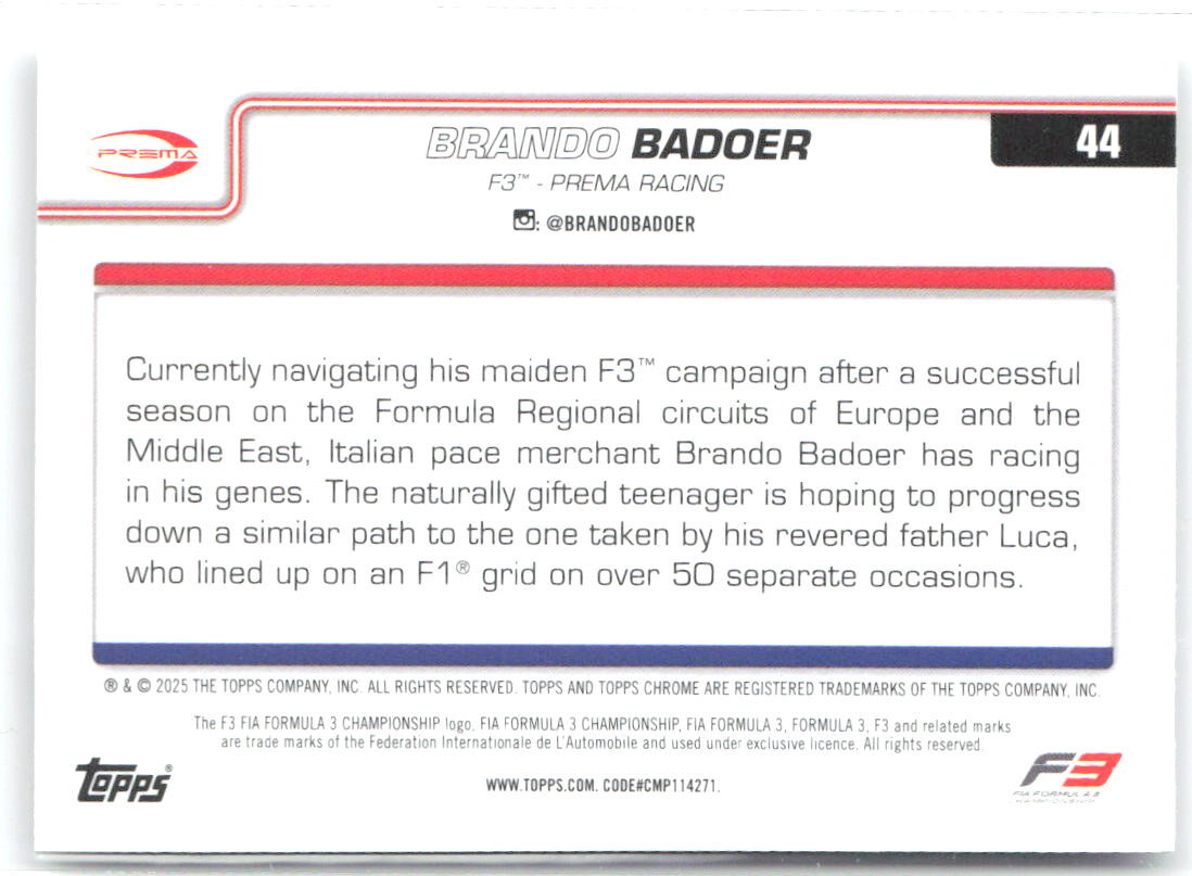Brando Badoer Topps Chrome Formula 1 44 2025 Prema Racing