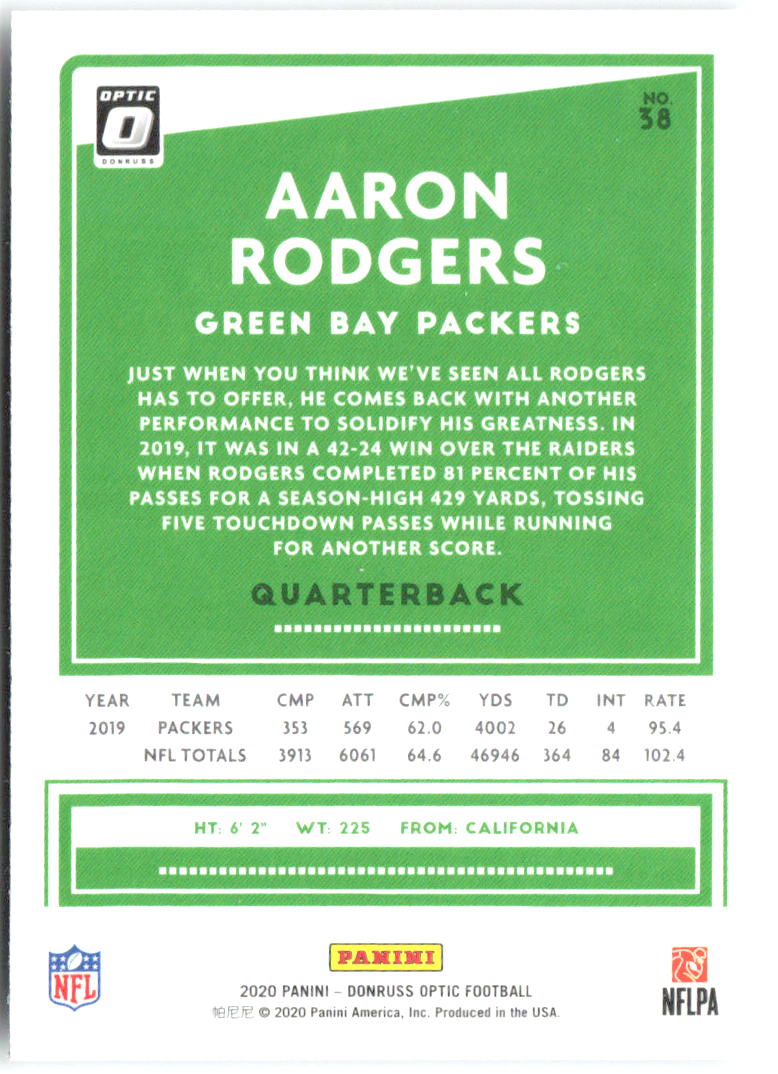 Aaron Rodgers Donruss Optic 38 2020 Green Bay Packers