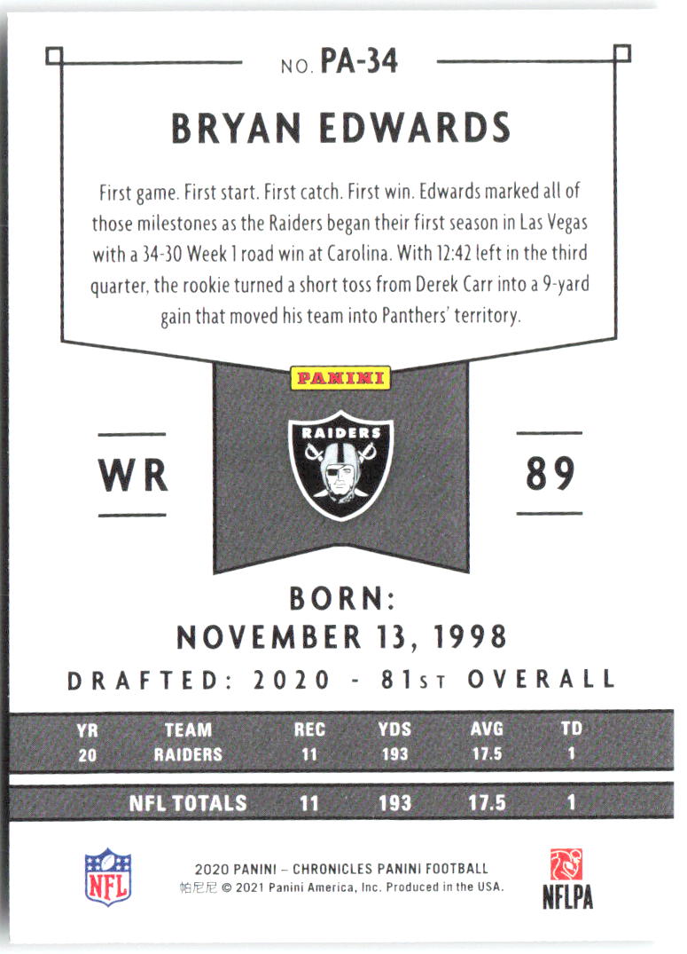 Bryan Edwards Panini Chronicles - Panini PA-34 2020 Las Vegas Raiders