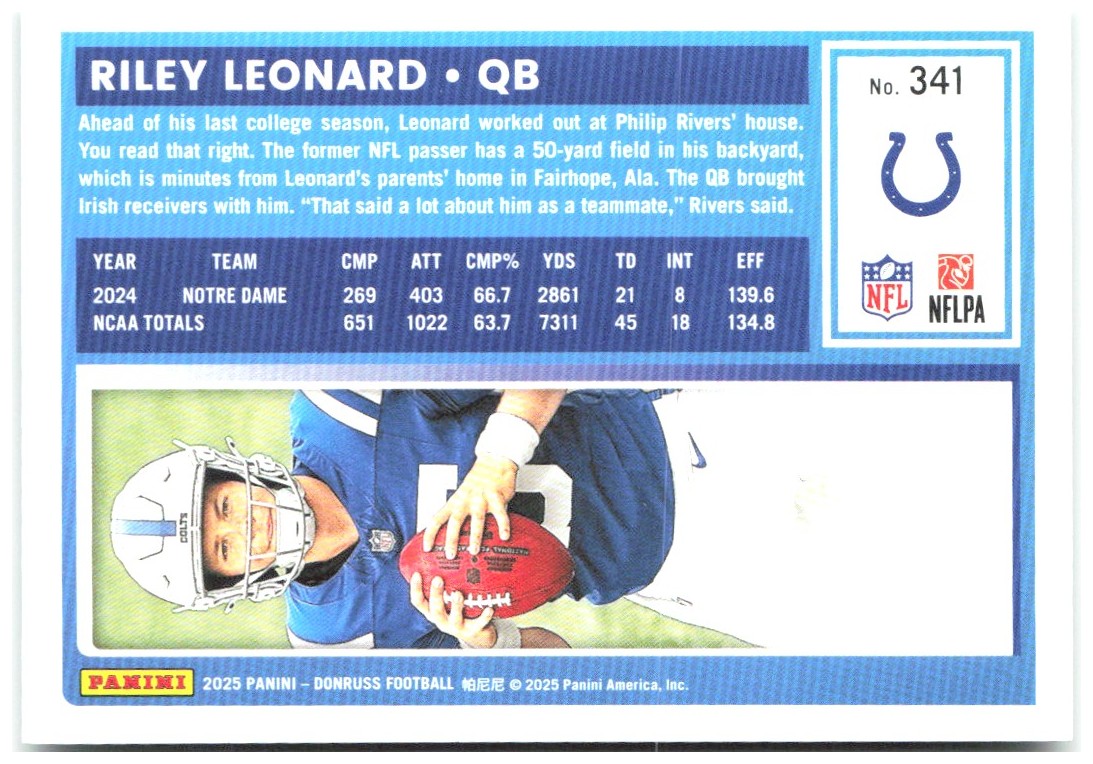 Riley Leonard Donruss - Press Proofs Green 341 2025 Indianapolis Colts