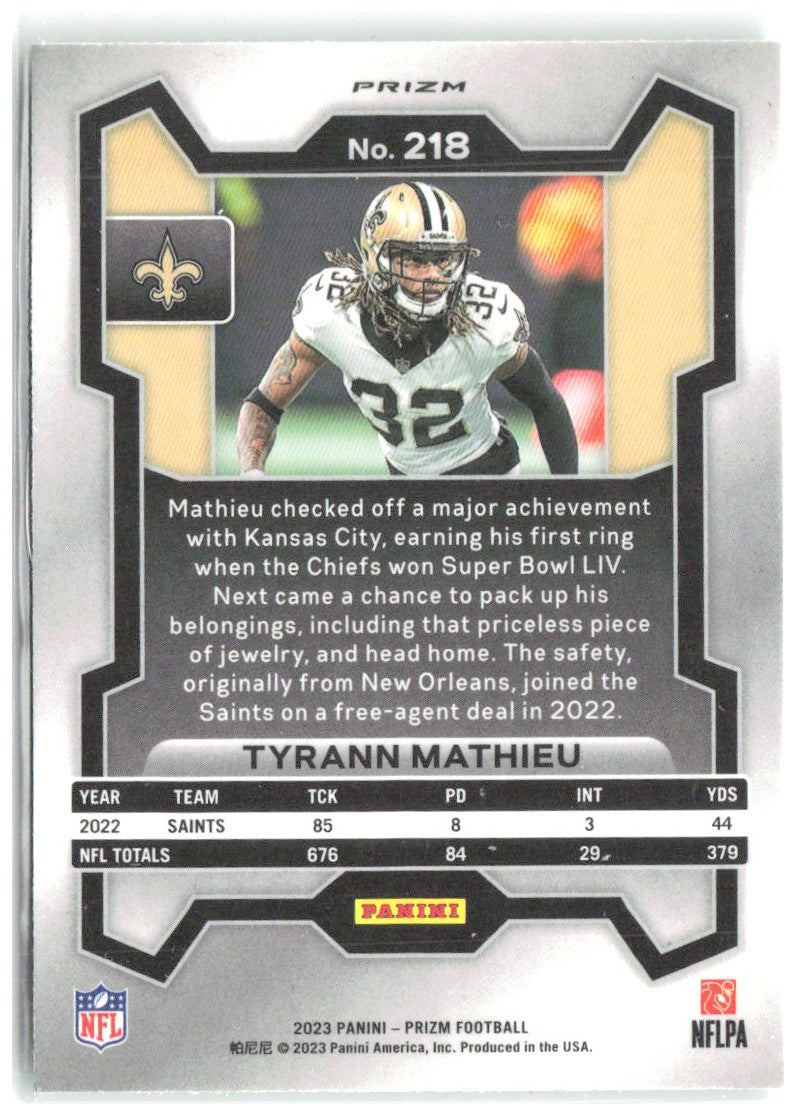 Tyrann Mathieu Panini Prizm - Neon Green Pulsar 218 2023 New Orleans Saints