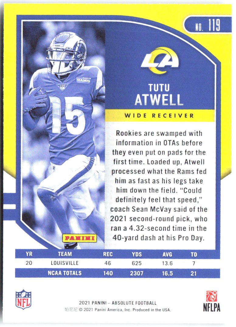 Tutu Atwell Panini Absolute - Retail 119 2021 Los Angeles Rams RC