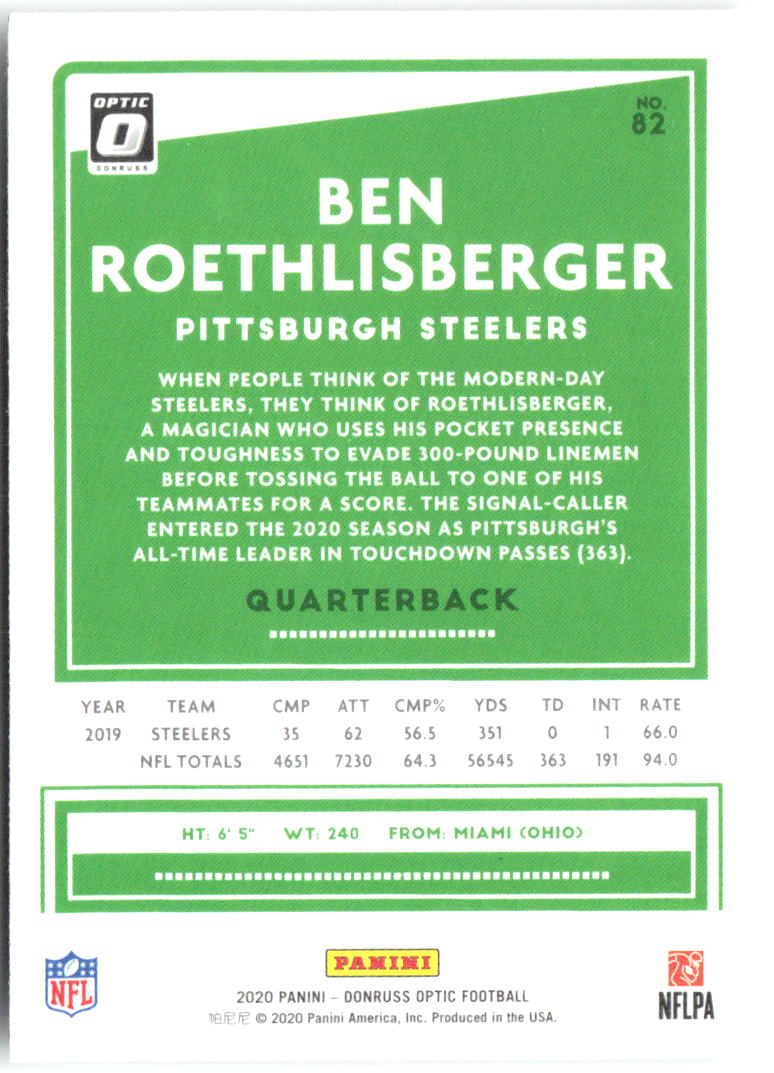 Ben Roethlisberger Donruss Optic 82 2020 Pittsburgh Steelers