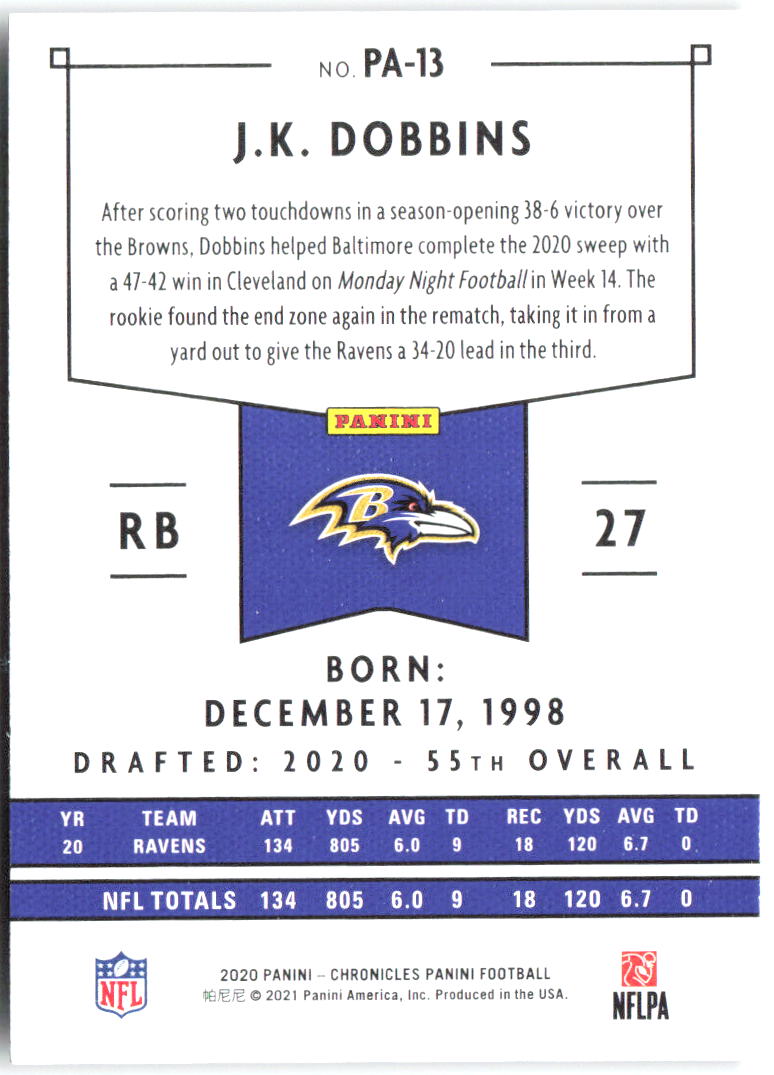 J.K. Dobbins Panini Chronicles - Panini PA-13 2020 Baltimore Ravens