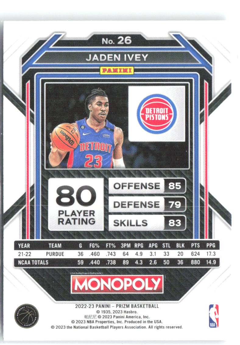 Jaden Ivey Panini Prizm Monopoly 26 2022-23 Detroit Pistons