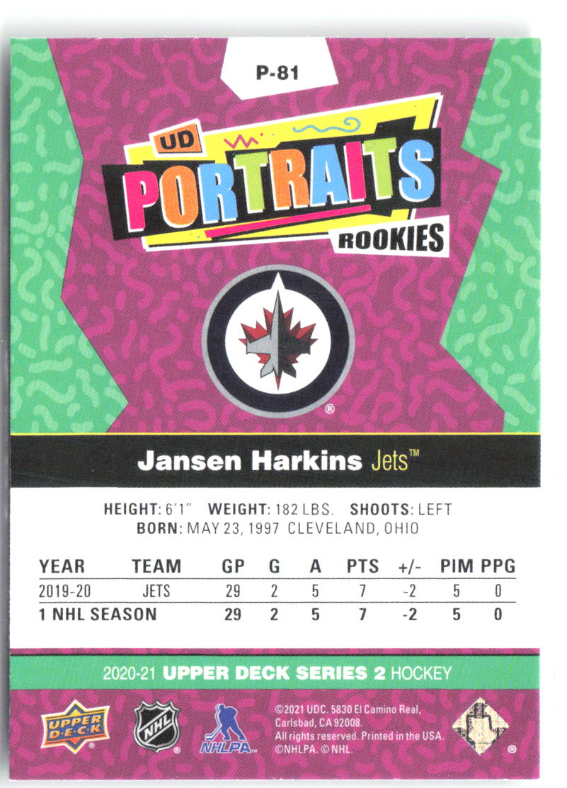 Jansen Harkins Upper Deck - UD Portraits P-81 2020-21 Winnipeg Jets