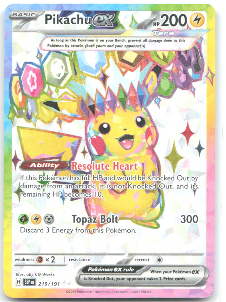 Pikachu ex Holo Ultra Rare SV08: Surging Sparks 219/191 NM aky CG Works
