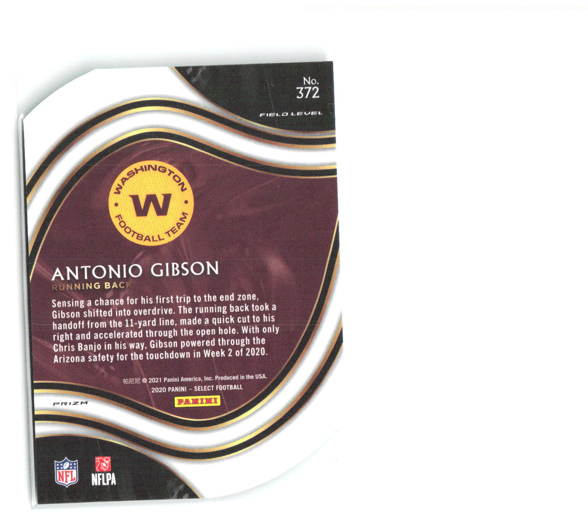 Antonio Gibson Select Neon Green Prizm Die Cut 372 2020 Washington Football Team