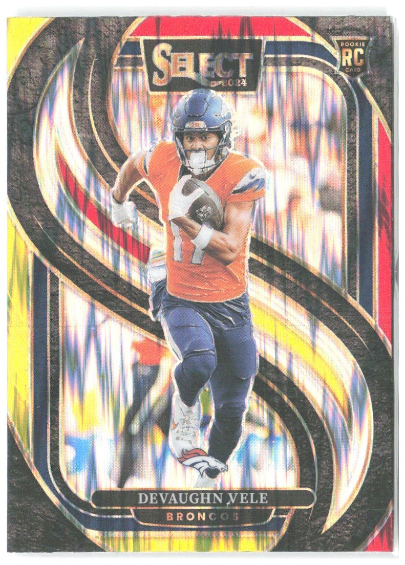 Devaughn Vele Panini Select - Red & Yellow Prizm Shock 150 2024 Denver Broncos