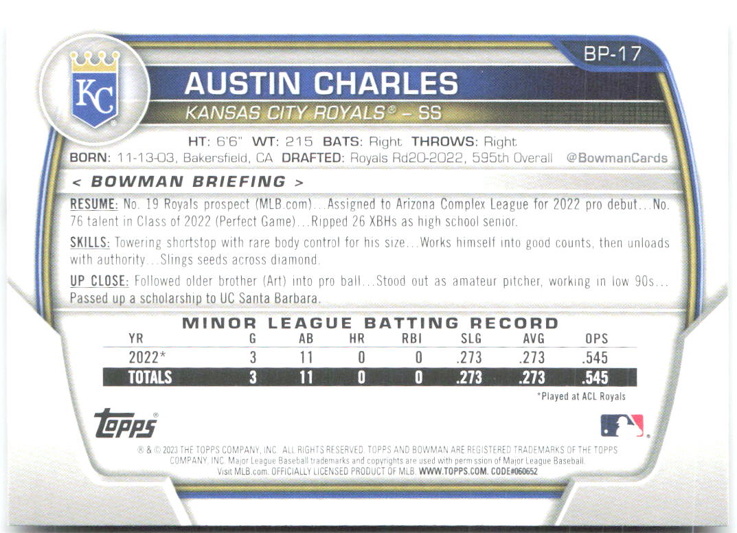 Austin Charles Bowman - Prospects BP-17 2023 Kansas City Royals