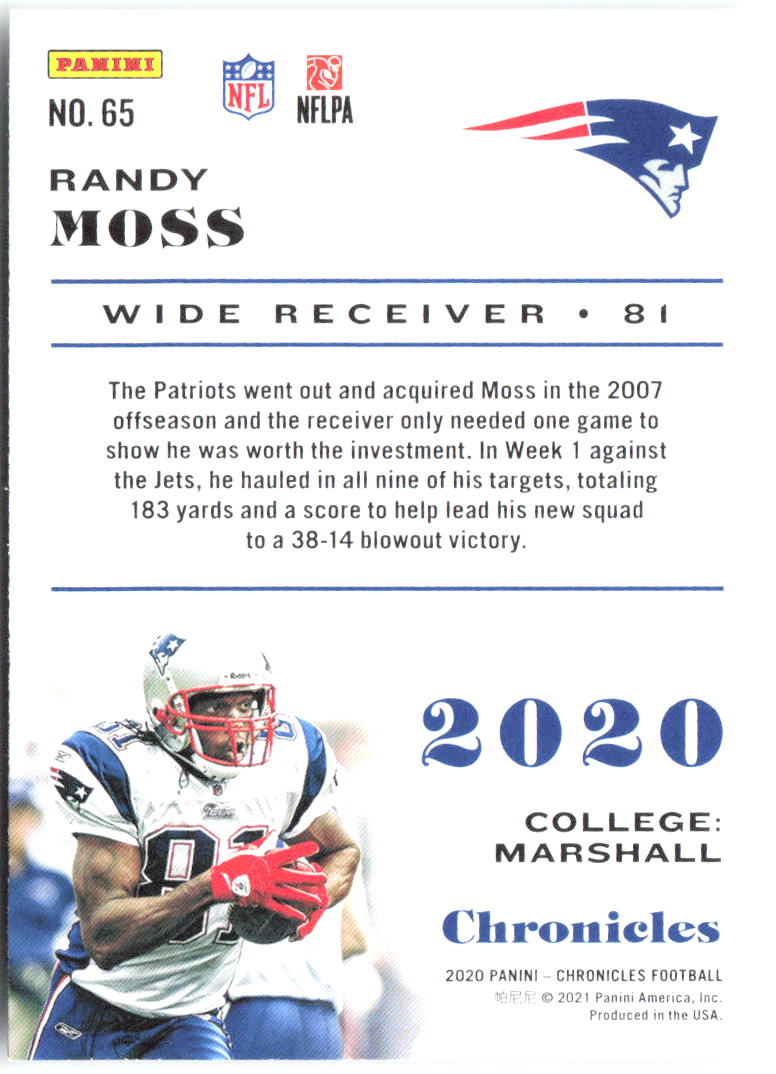 Randy Moss Panini Chronicles 65 2020 New England Patriots