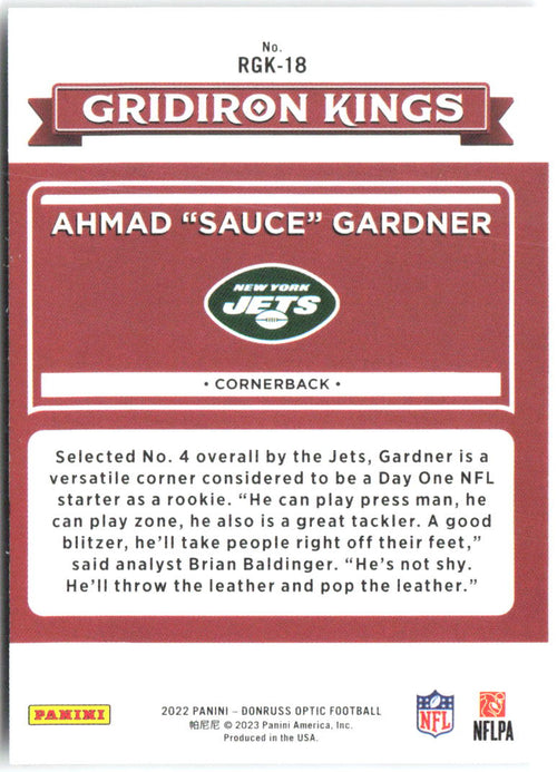 Ahmad "Sauce" Gardner Donruss Optic - Rookie Gridiron Kings RGK-18 2022 Jets