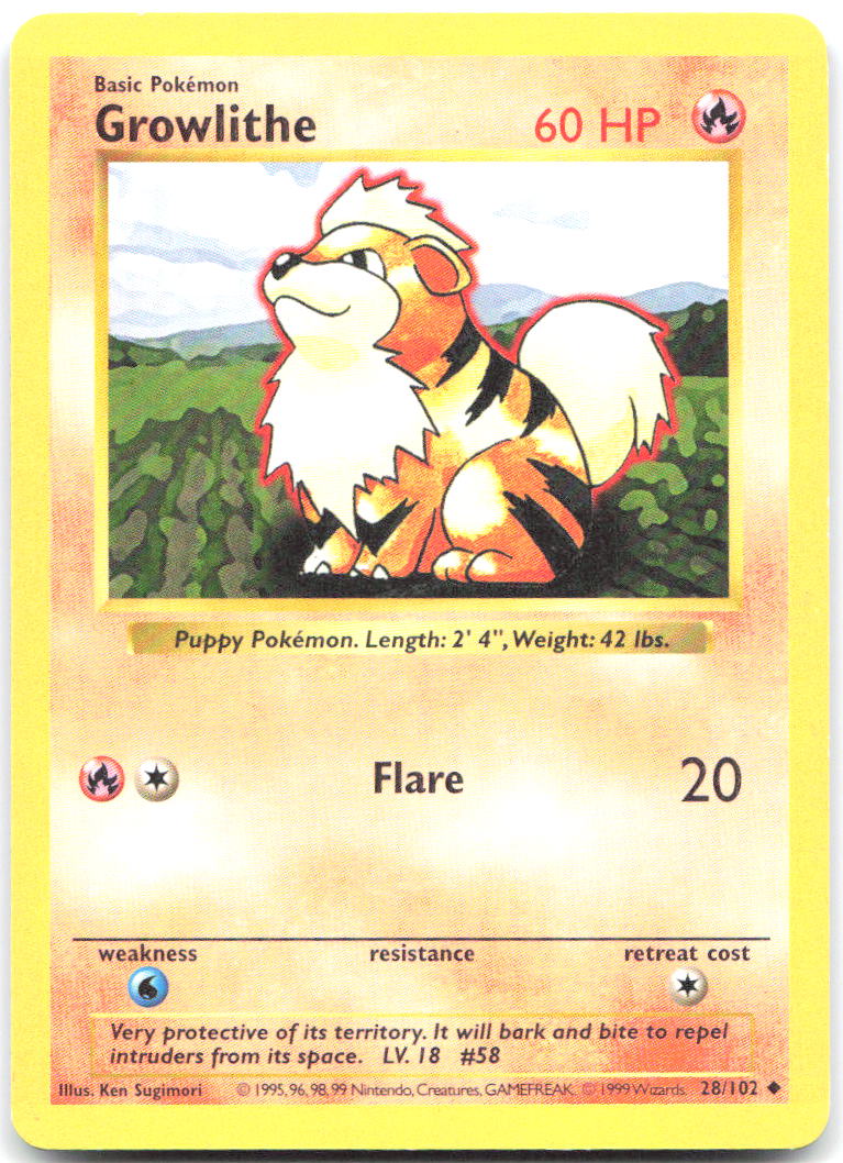 Growlithe Unlimited Uncommon Base Set Shadowless 028/102 LP Ken Sugimori