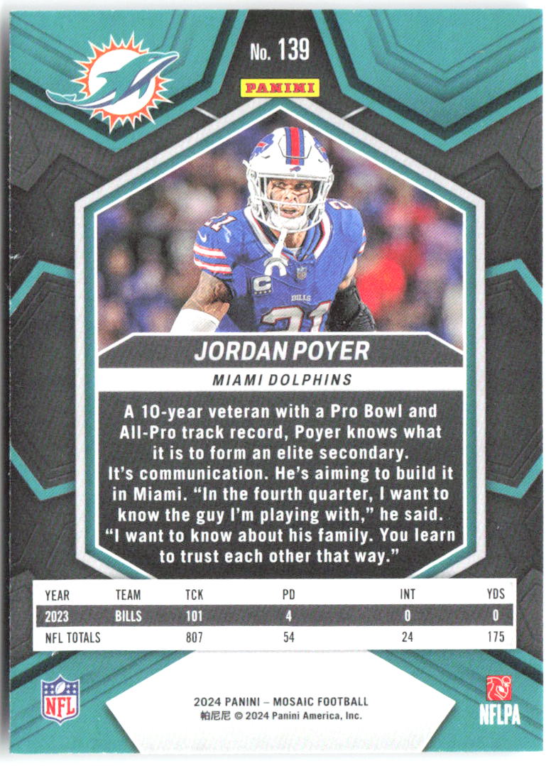 Jordan Poyer Panini Mosaic 139 2024 Miami Dolphins