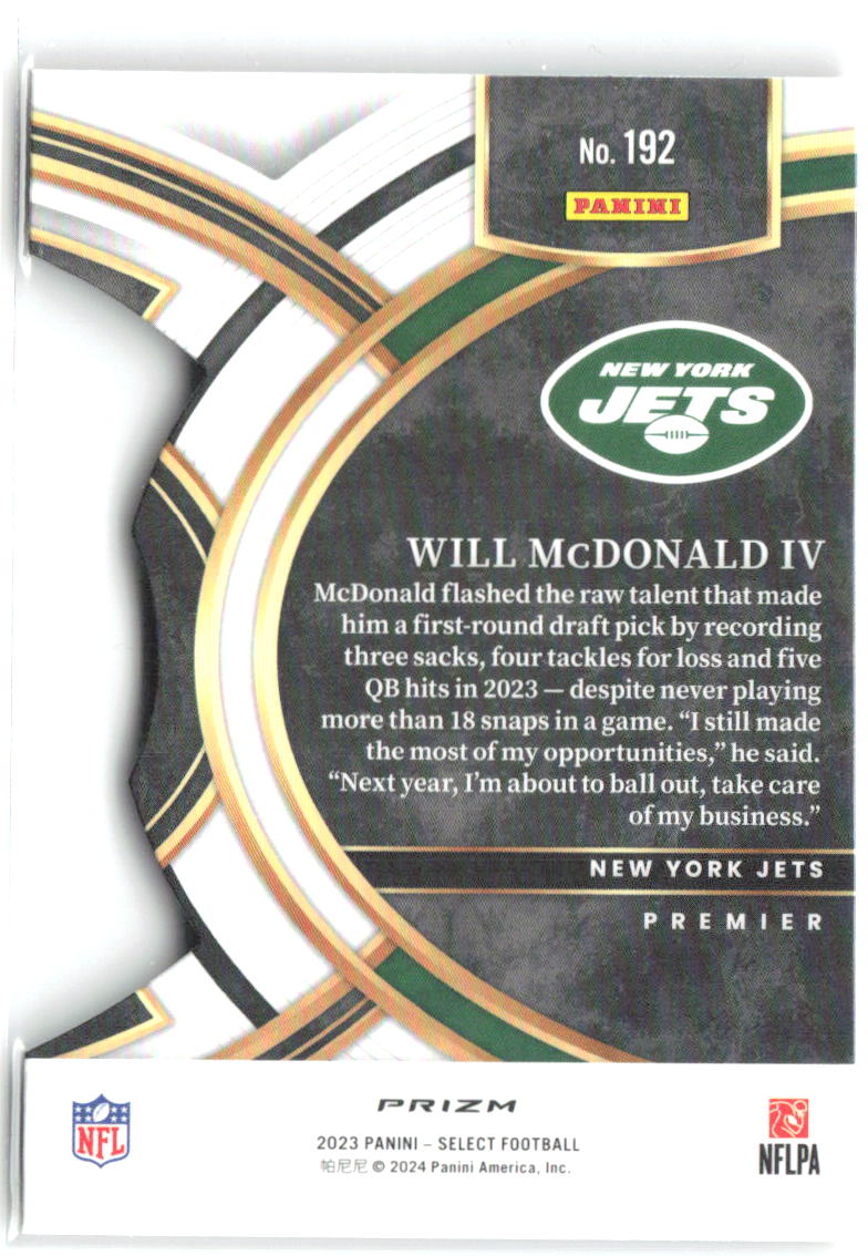 Will McDonald IV Select - Red and Yellow Prizms Die Cuts 192 2023 New York Jets