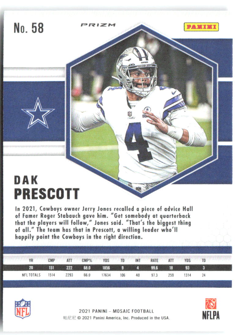 Dak Prescott Panini Mosaic - Prizm 58 2021 Dallas Cowboys