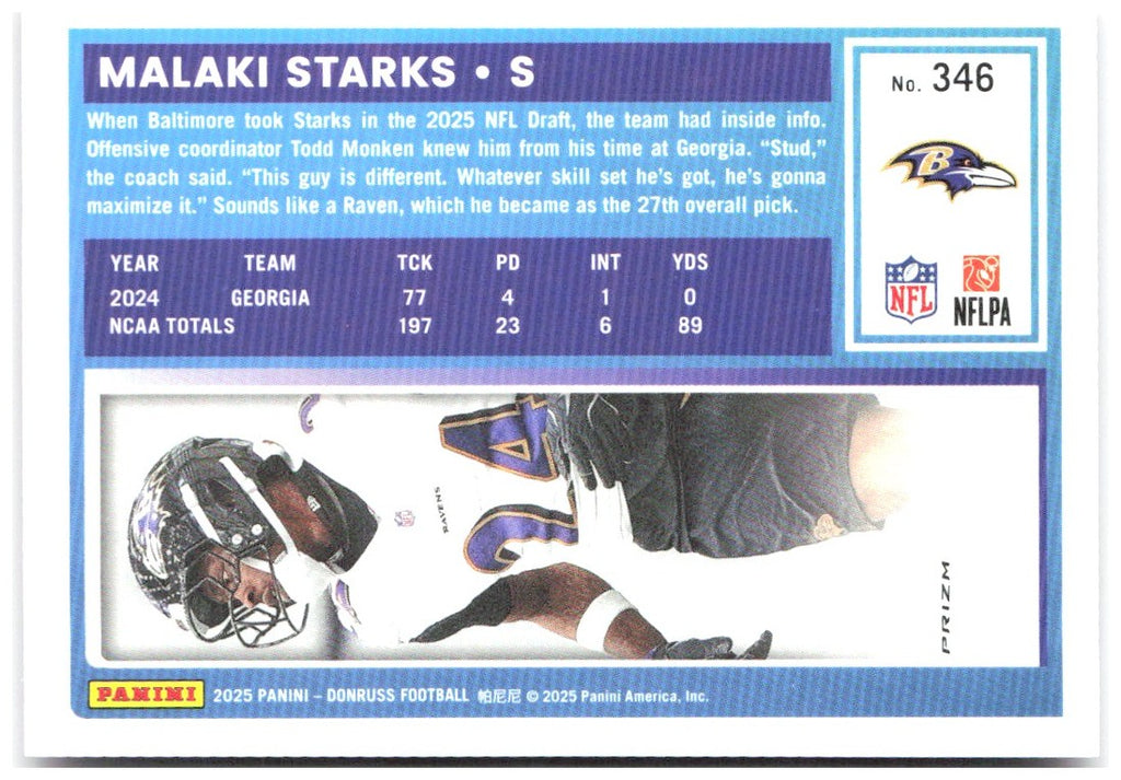Malaki Starks Donruss Optic Rated Rookies Preview Pink 346 2025 Baltimore Ravens