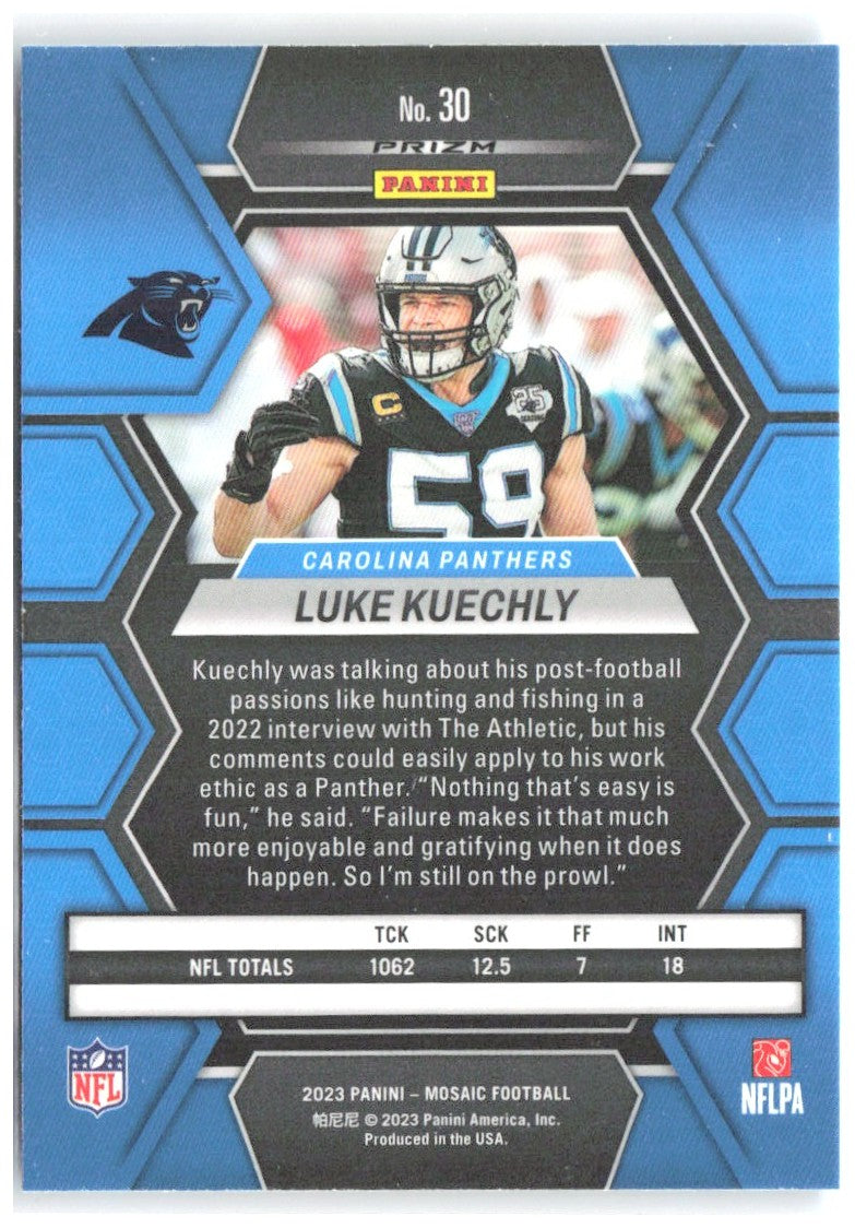Luke Kuechly Panini Mosaic - Reactive Blue Mosaic 30 2023 Carolina Panthers