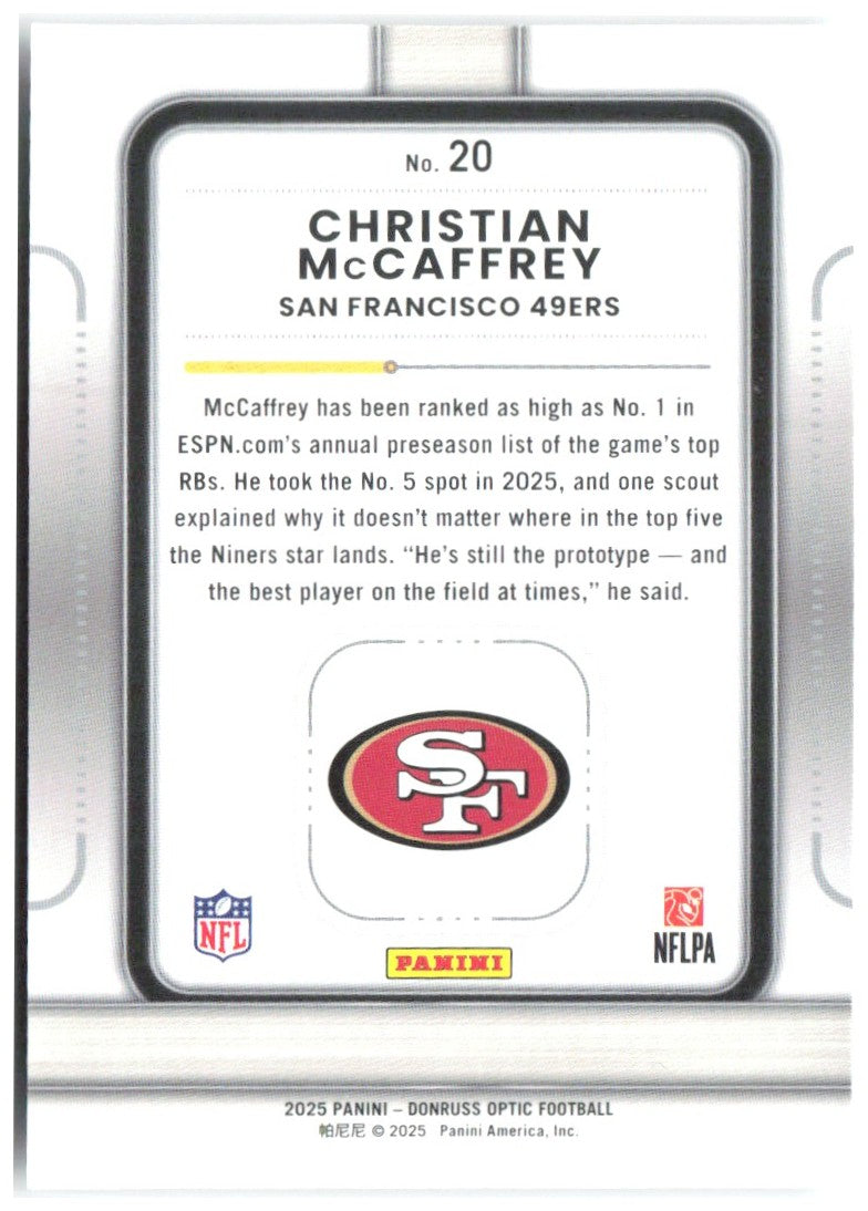 Christian McCaffrey Donruss Optic - Play Action 20 2025 San Francisco 49ers