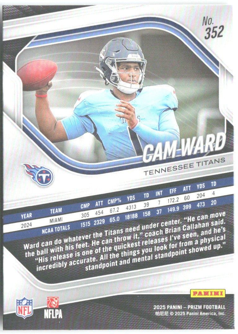 Cam Ward Panini Prizm 352 2025 Tennessee Titans RC
