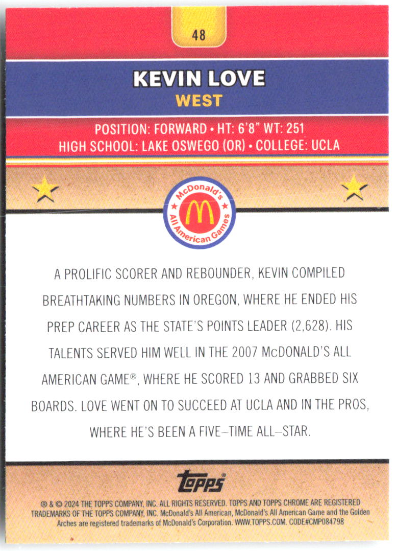 Kevin Love Topps Chrome McDonald's All-American 48 2024
