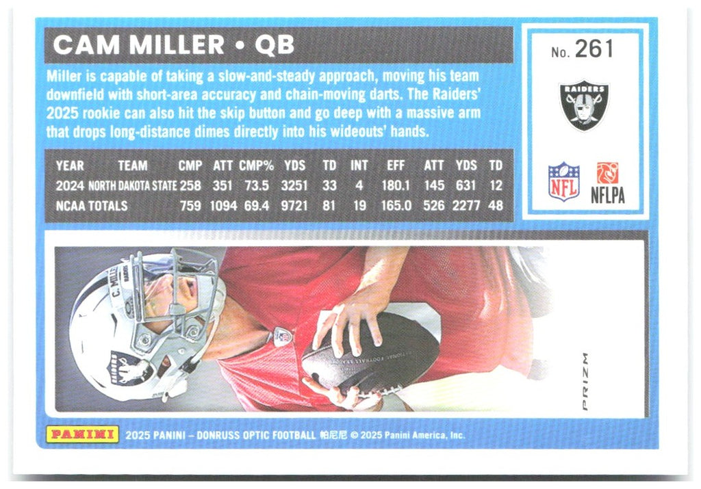 Cam Miller Donruss Optic - Purple Shock 261 2025 Las Vegas Raiders